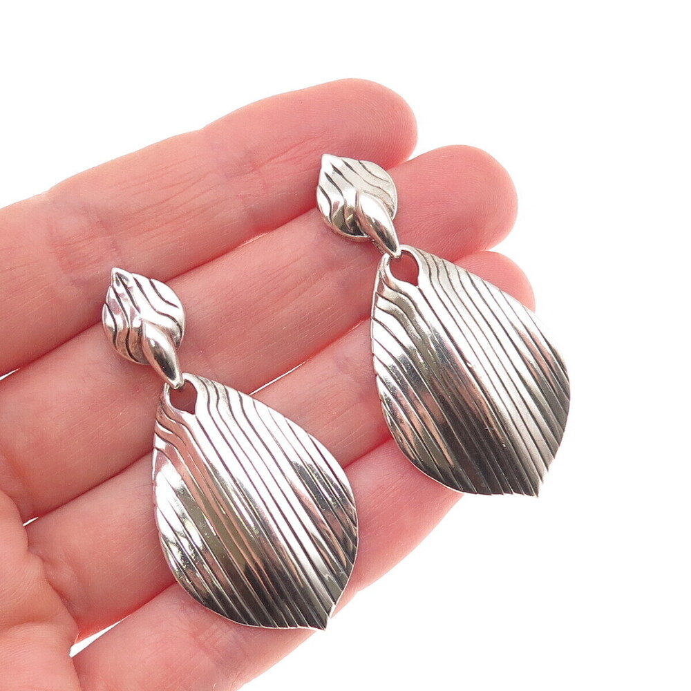 Elizabeth Rand Sterling Silver Vintage Modernist Petal Oxidized Dangle Earrings